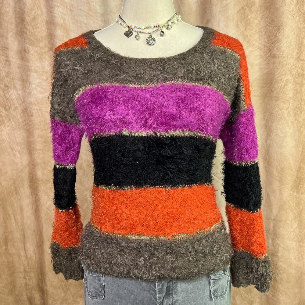 Vintage Y2K Striped Sweater Fuzzy Multicolor Crochet Metallic Knit Fall 2000s